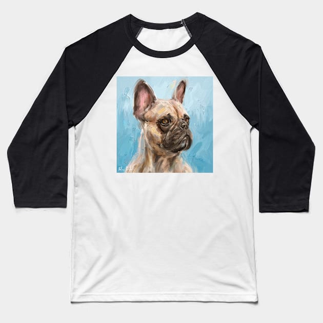 Loose Thick Oil Painting of a French Bulldog on Light Blue Background Baseball T-Shirt by ibadishi